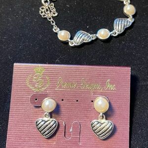 P Designs Silver Heart Earrings w/ Pearl Tops & matching Bracelet - Cream Pearls